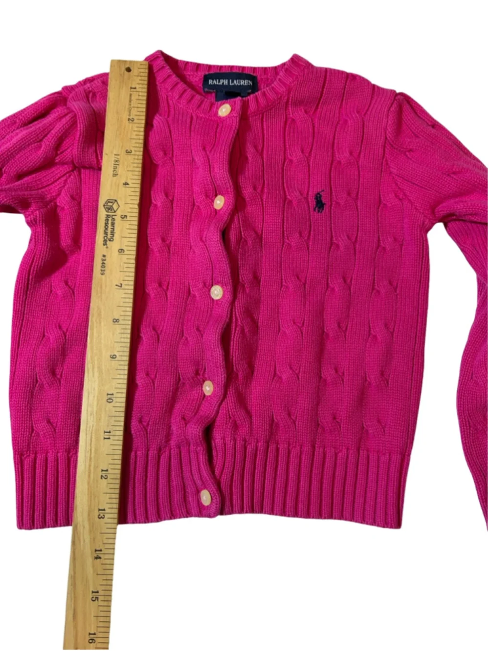 Ralph Lauren Girls 5 Pink Cable Knit Cardigan Sweater Pony Logo Cotton Preppy